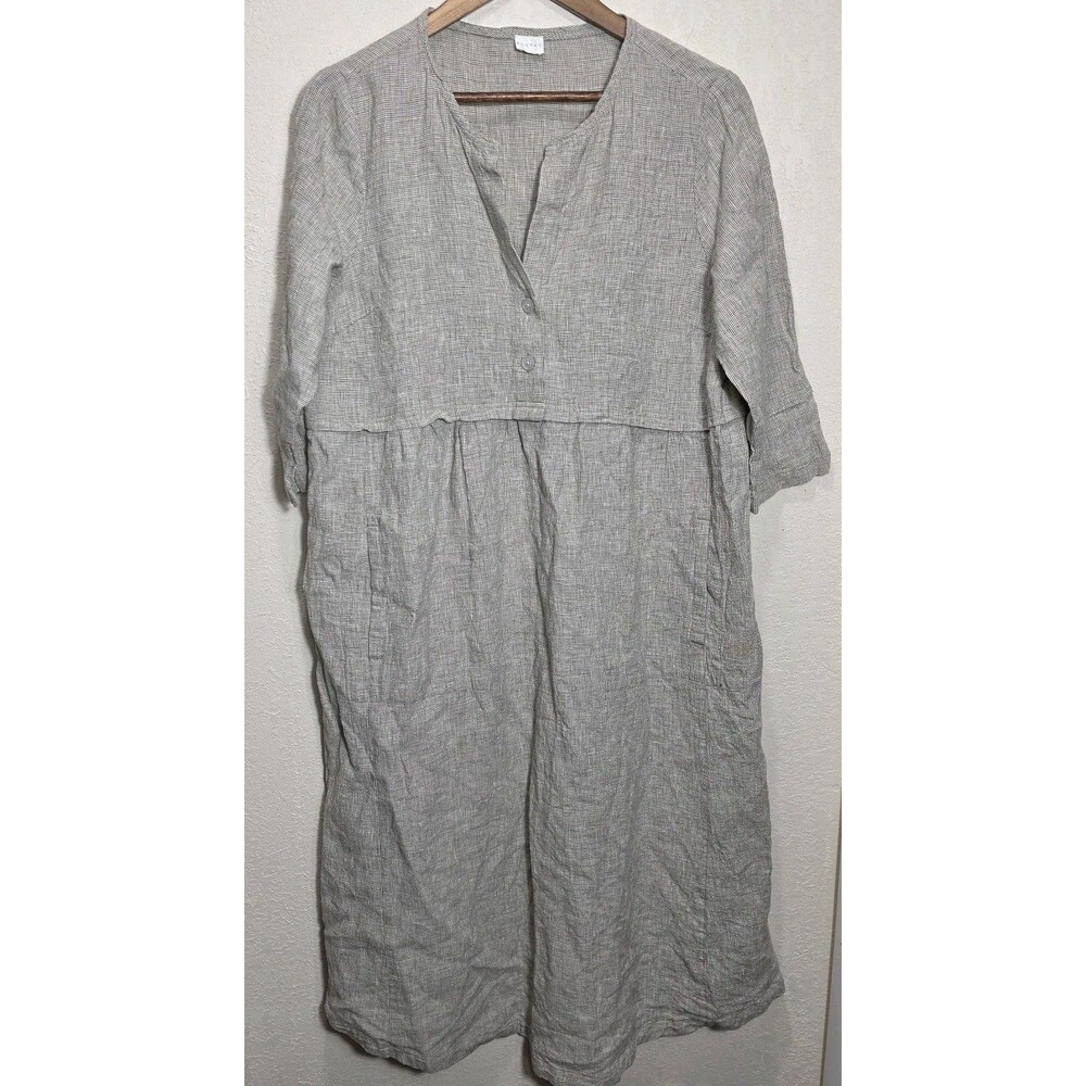 Poetry 100% Linen Midi Dress Size  3/4 Sleeve Boho Cottagecore 12